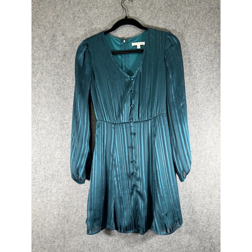 City Vibe Teal Blue Metallic Pinstripe Puff Sleeve Mini Dress Size 0‎ glam - Picture 2 of 9